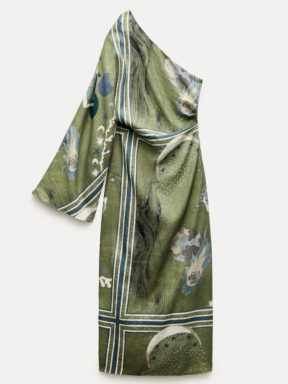 NWT Zara ZW Collection One Shoulder Asymmetrical Green Linen Blend Midi Dress M